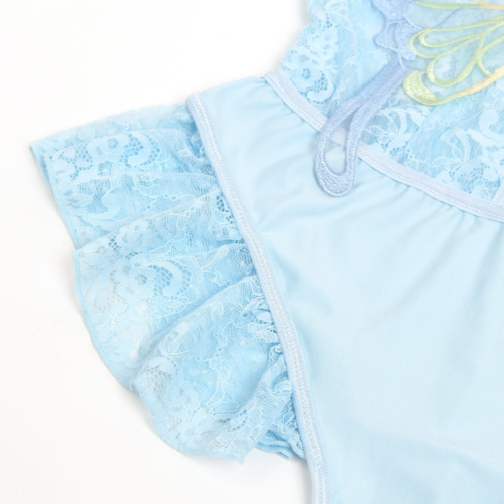 Blue Sexy Lace See Through Butterfly Bodysuit - TeaseFashion