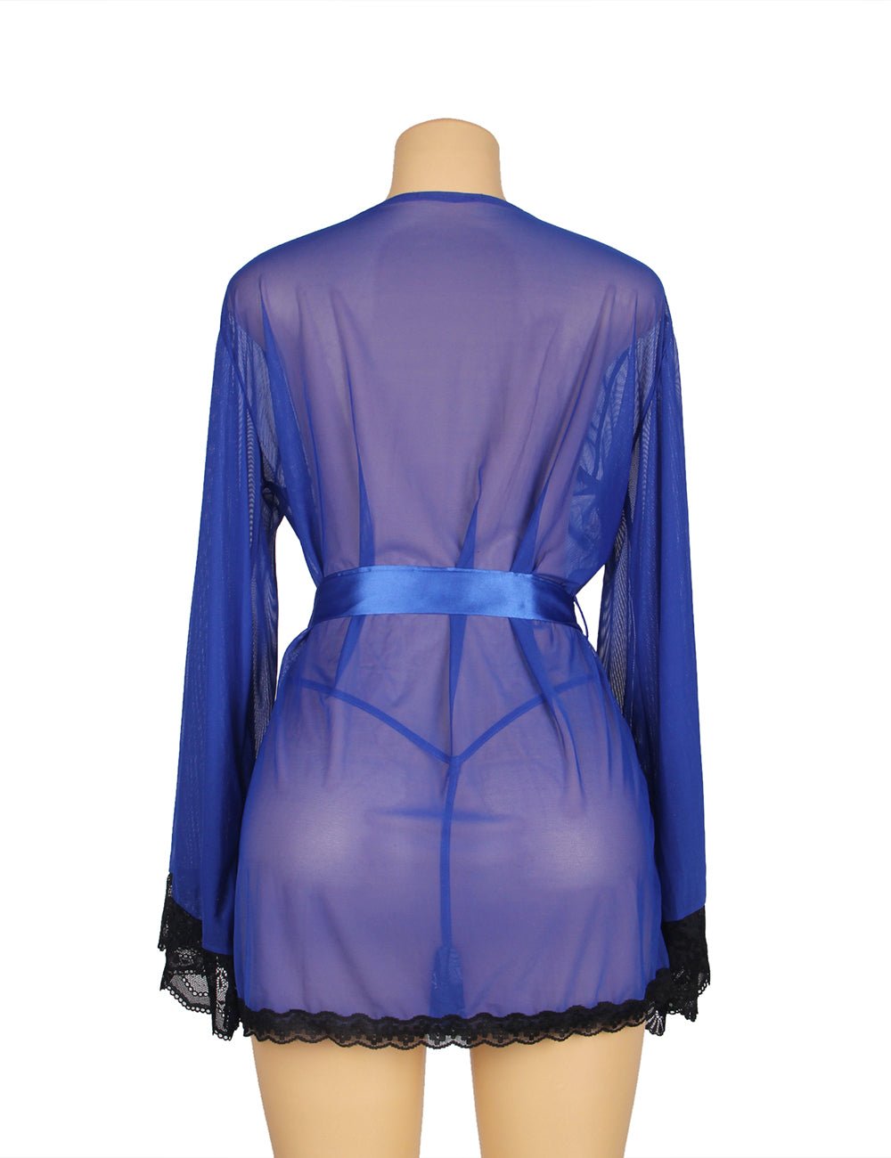 Blue Sheer Mesh Sleepwear – Long Sleeves, Open Front & Waist Belt - TeaseFashion
