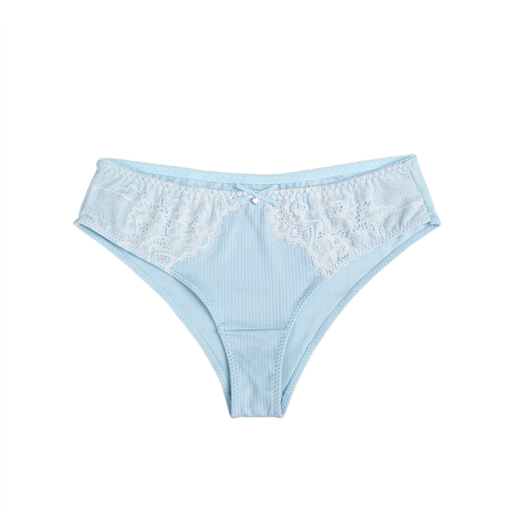 Blue Striped Brief with Lace Trim & Bow Detail - TeaseFashion