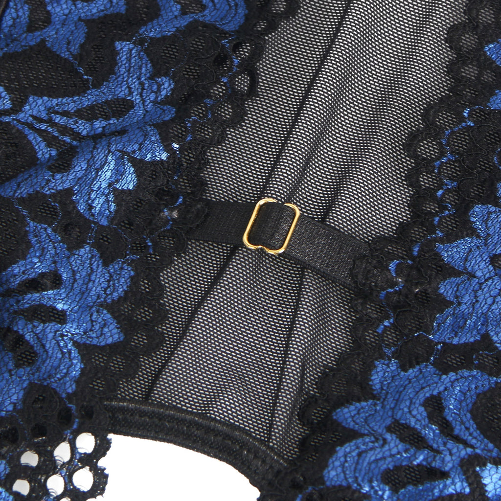 Blue Two - Colour Lace Garter Lingerie Set with Underwire, Hollow Elastic Band, Stainless Fittings & Panties - TeaseFashion