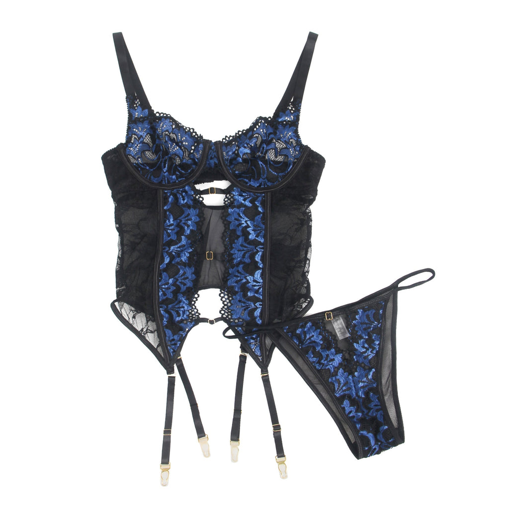 Blue Two - Colour Lace Garter Lingerie Set with Underwire, Hollow Elastic Band, Stainless Fittings & Panties - TeaseFashion