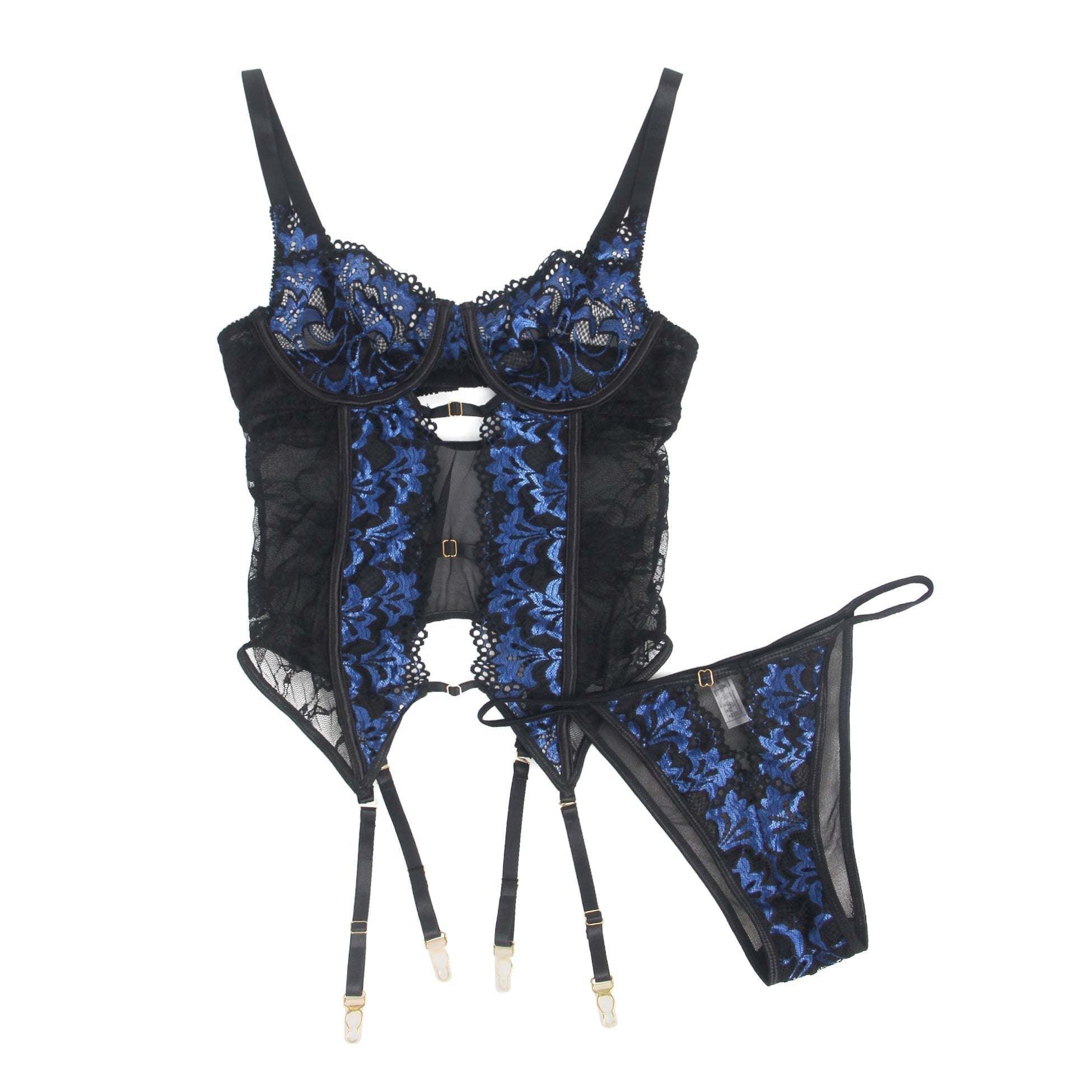 Blue Two - Colour Lace Garter Lingerie Set with Underwire, Hollow Elastic Band, Stainless Fittings & Panties - TeaseFashion