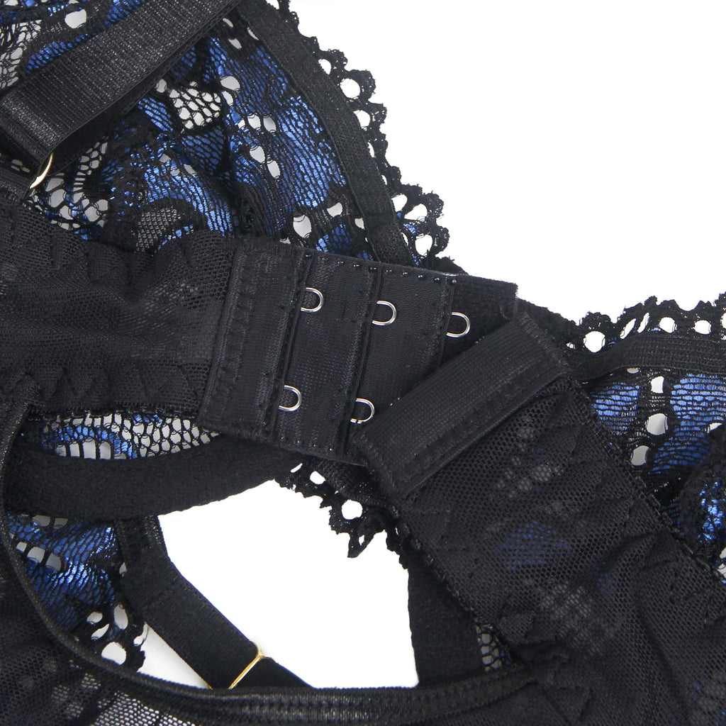 Blue Two - Colour Lace Garter Lingerie Set with Underwire, Hollow Elastic Band, Stainless Fittings & Panties - TeaseFashion