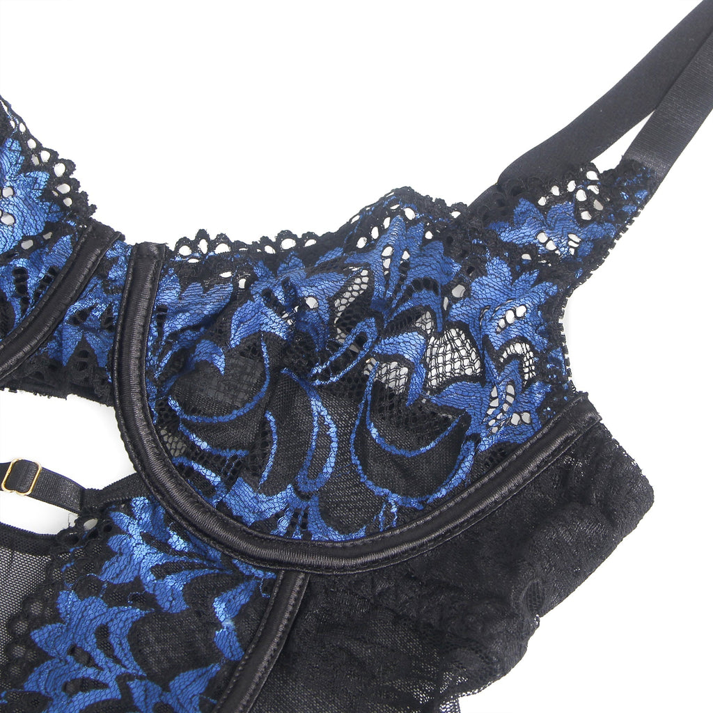 Blue Two - Colour Lace Garter Lingerie Set with Underwire, Hollow Elastic Band, Stainless Fittings & Panties - TeaseFashion