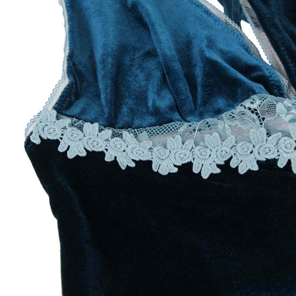 Blue Velour Floral Embroidery Nightdress – Cross - Back Top with Lace Chest Detail, Side Slits & G - String Set - TeaseFashion