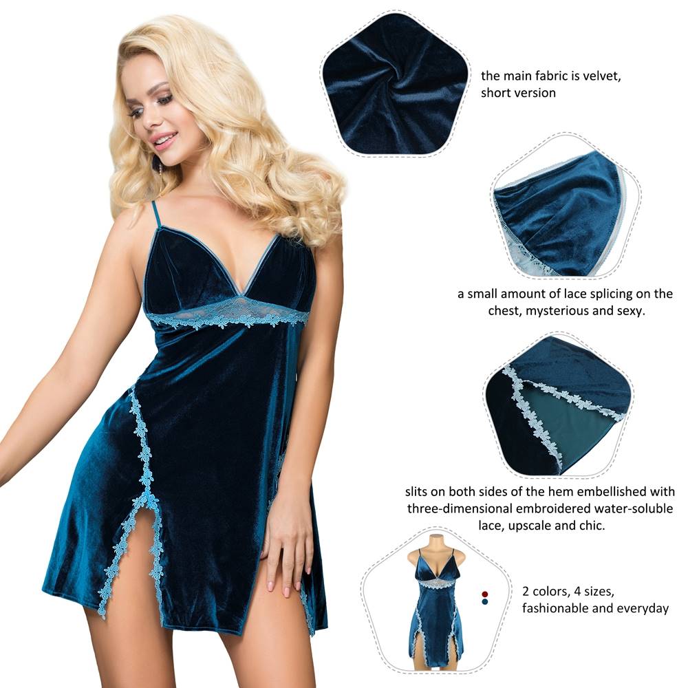 Blue Velour Floral Embroidery Nightdress – Cross - Back Top with Lace Chest Detail, Side Slits & G - String Set - TeaseFashion
