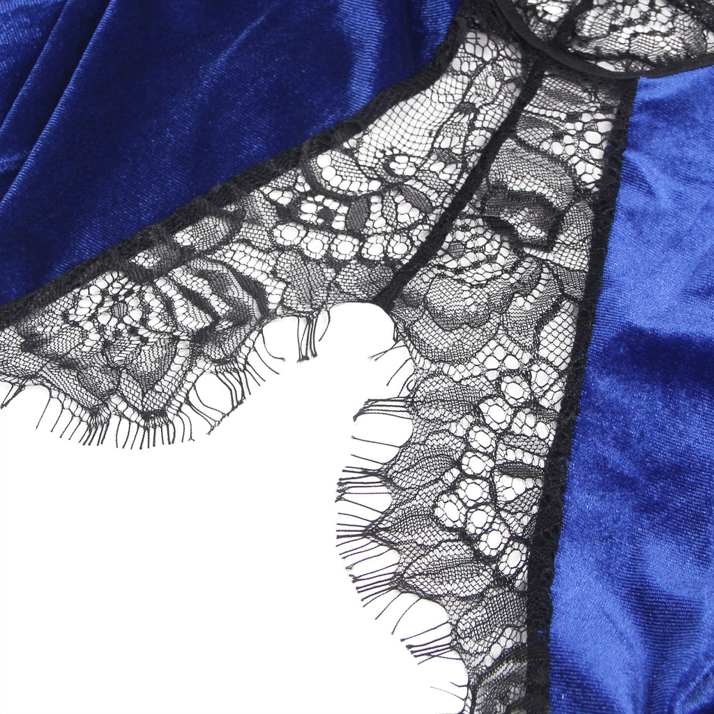 Blue Velvet Eyelash Lace Open - Back Garter Nightgown – Centre - Spliced Lace Panels, Adjustable Cross Straps, Four Suspenders & Thong Included - TeaseFashion