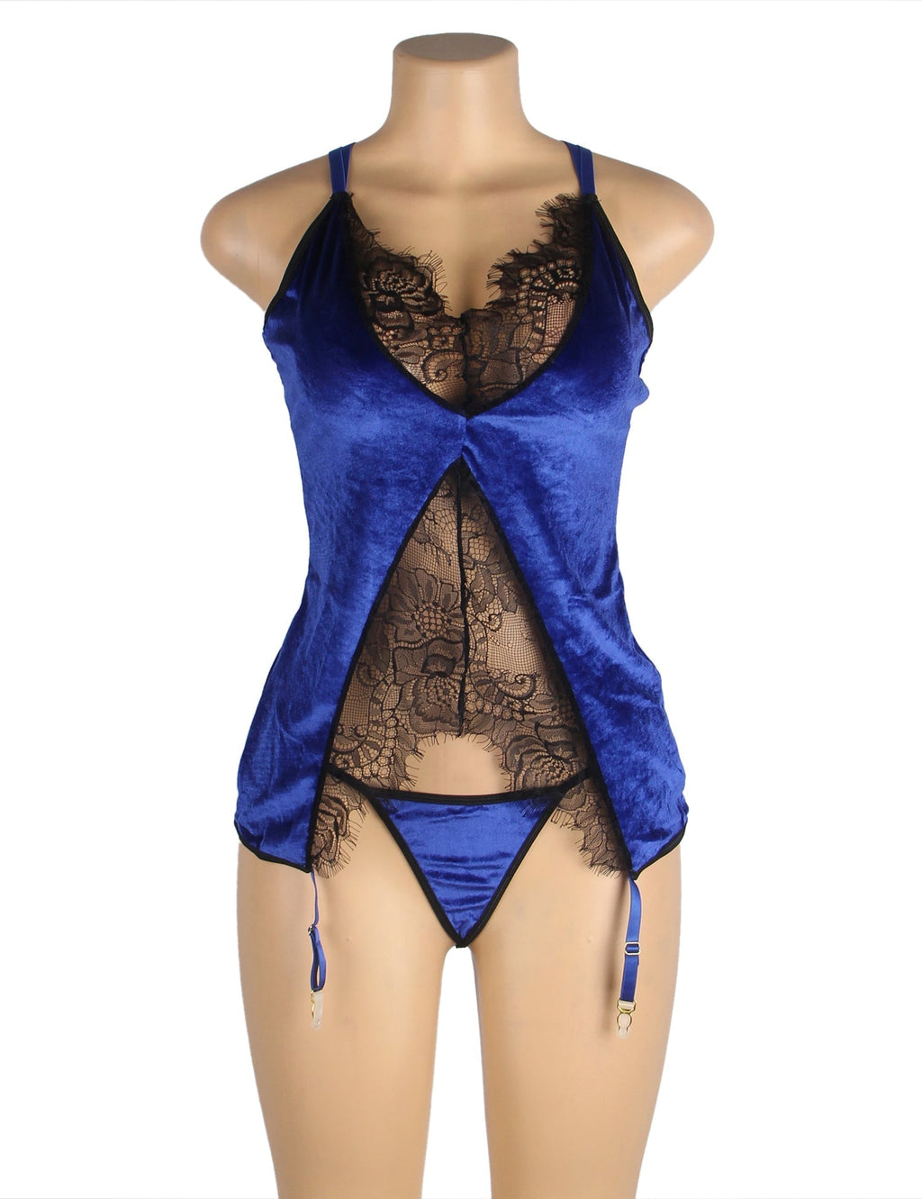 Blue Velvet Eyelash Lace Open - Back Garter Nightgown – Centre - Spliced Lace Panels, Adjustable Cross Straps, Four Suspenders & Thong Included - TeaseFashion