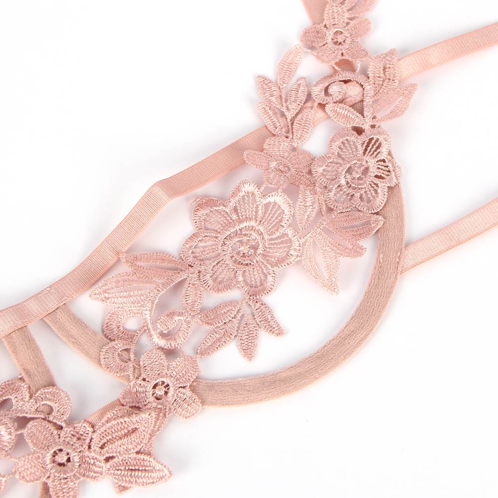 Blush Pink Water - Soluble Flower Embroidery Underwired Bra Set with Cross - Elastic Panty - TeaseFashion