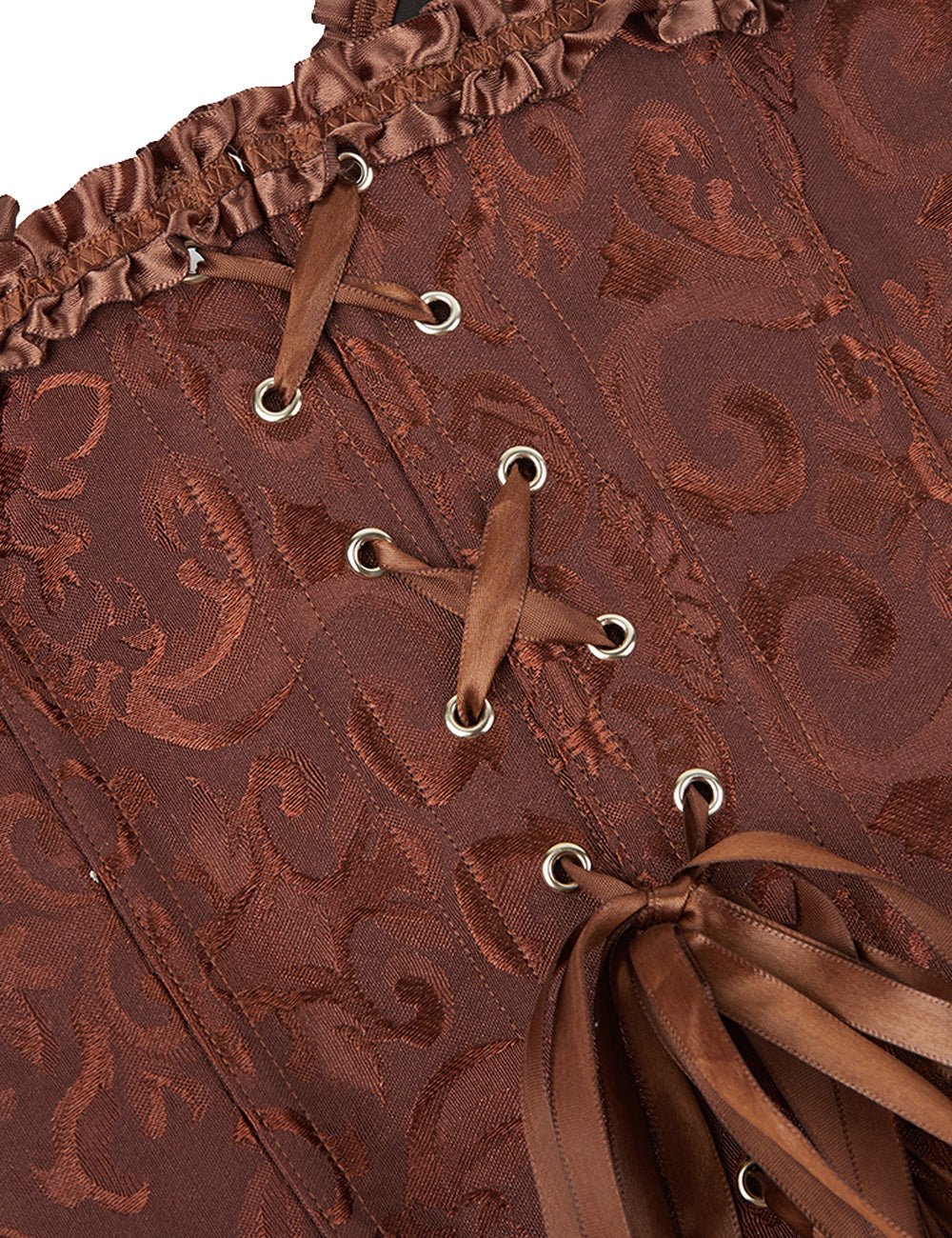 Brown Embroidered Corset with Zipper & Ribbon Lacing - TeaseFashion