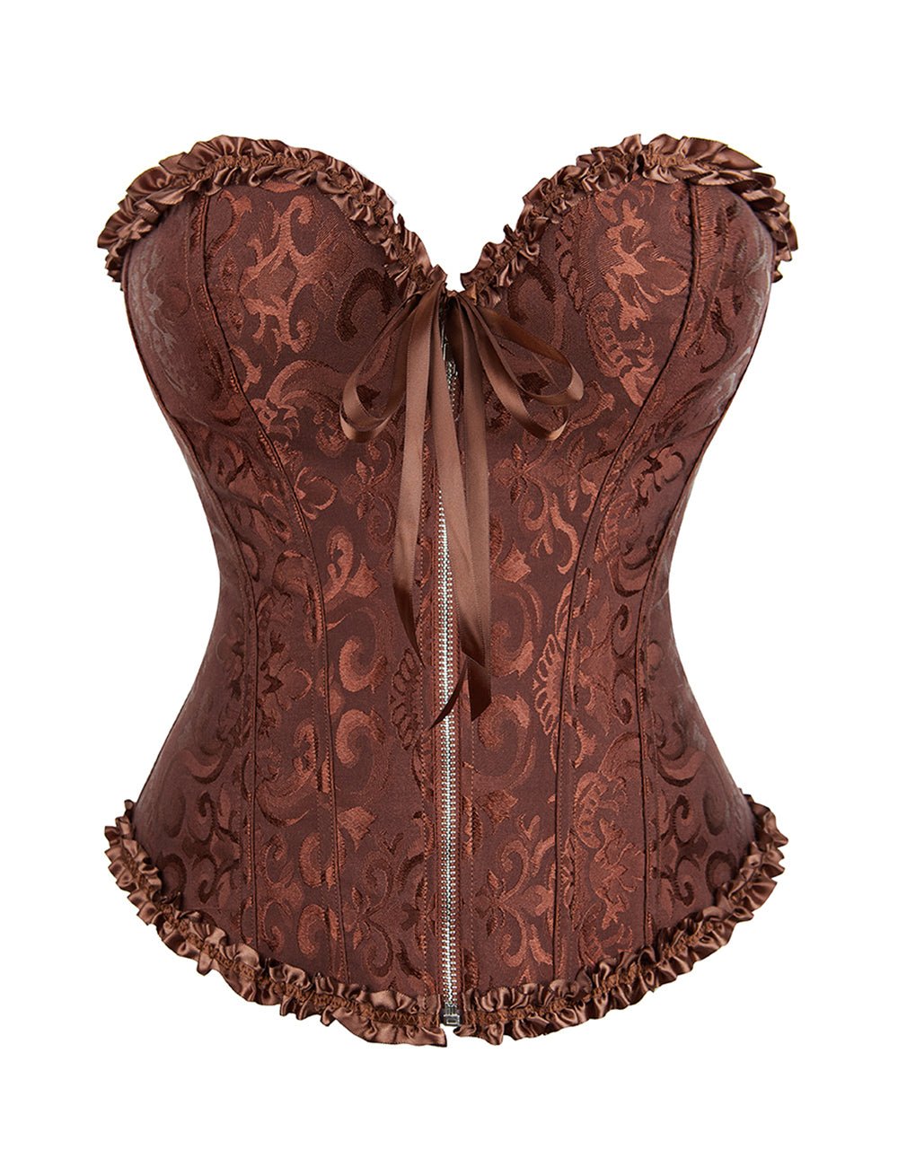 Brown Embroidered Corset with Zipper & Ribbon Lacing - TeaseFashion
