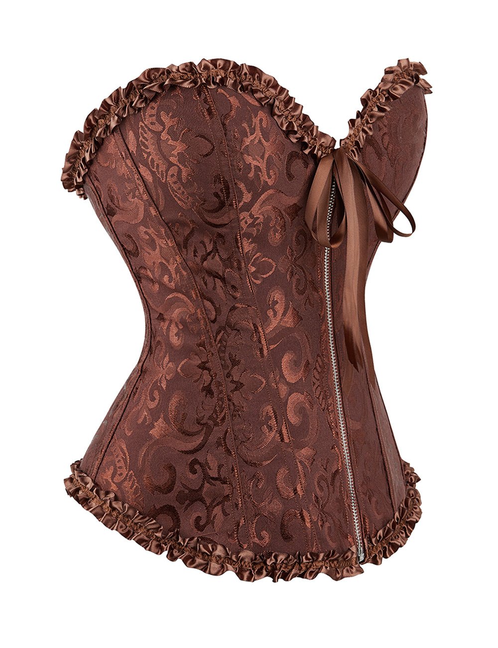Brown Embroidered Corset with Zipper & Ribbon Lacing - TeaseFashion