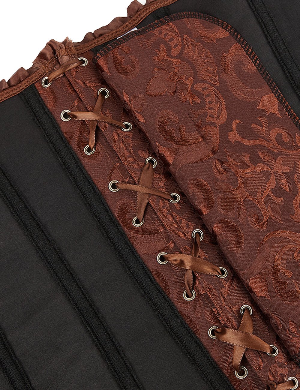 Brown Embroidered Corset with Zipper & Ribbon Lacing - TeaseFashion