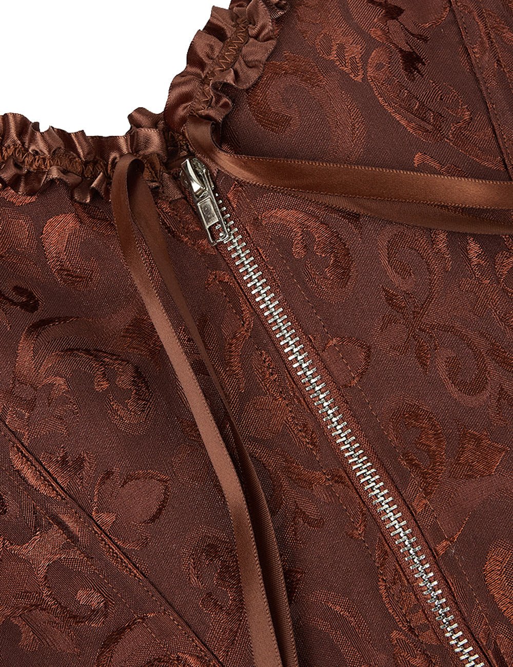 Brown Embroidered Corset with Zipper & Ribbon Lacing - TeaseFashion