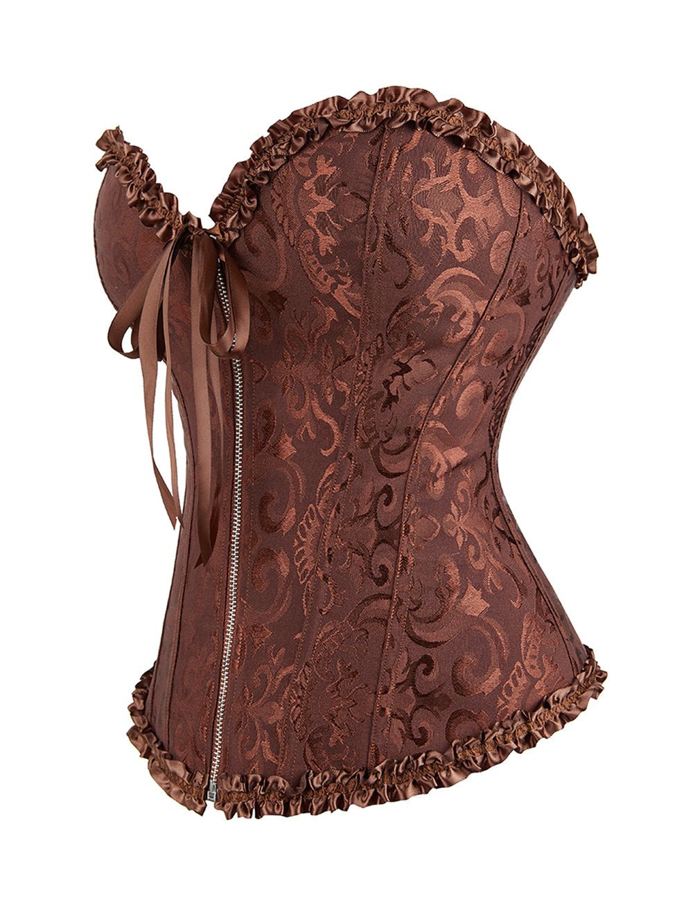Brown Embroidered Corset with Zipper & Ribbon Lacing - TeaseFashion