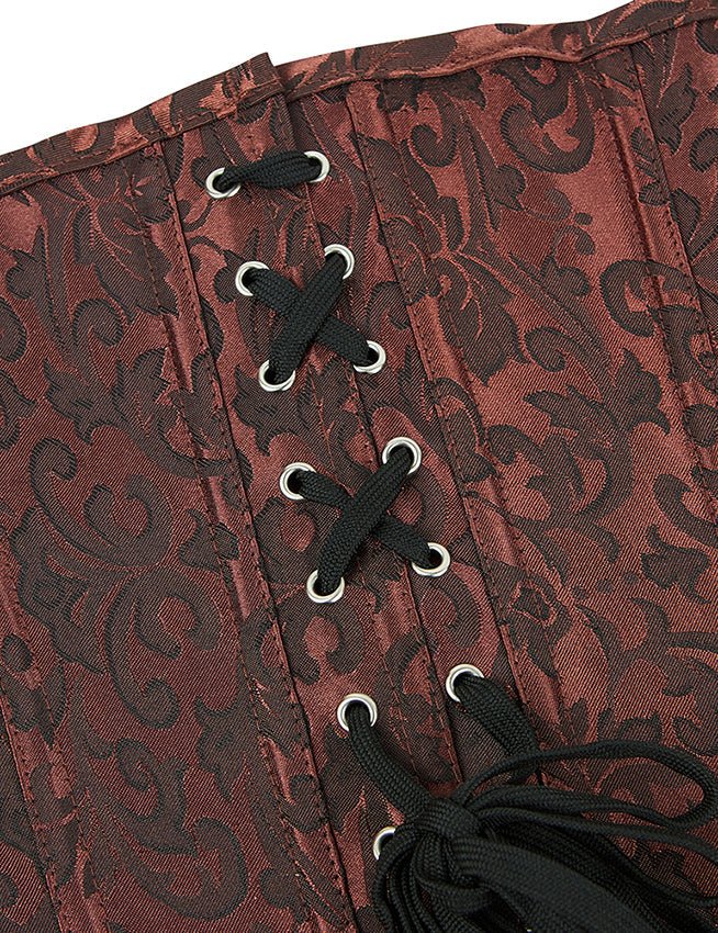 Brown Jacquard Corset – Embroidery, Side Pleats & 12 Steel Bones - TeaseFashion