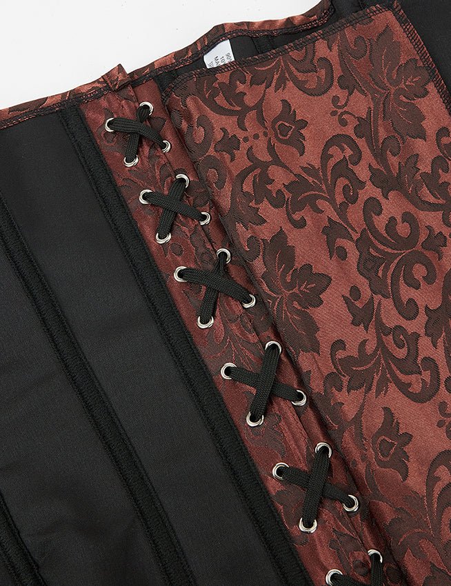 Brown Jacquard Corset – Embroidery, Side Pleats & 12 Steel Bones - TeaseFashion
