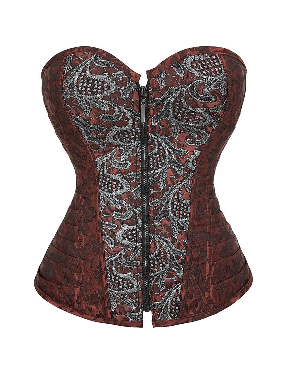Brown Jacquard Corset – Embroidery, Side Pleats & 12 Steel Bones - TeaseFashion