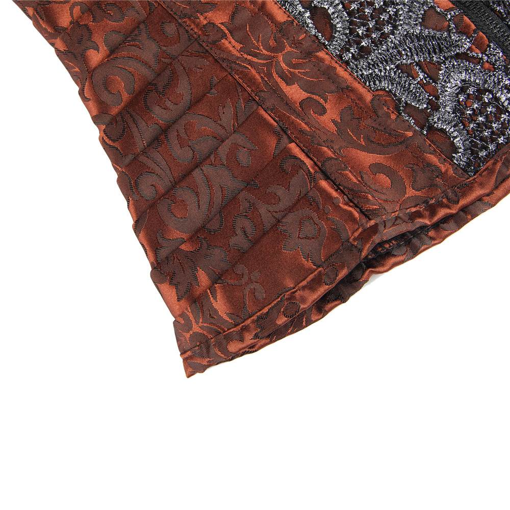 Brown Jacquard Corset – Embroidery, Side Pleats & 12 Steel Bones - TeaseFashion