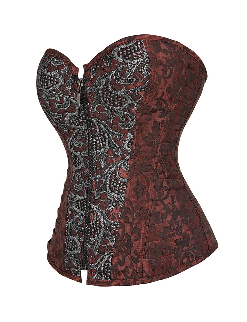 Brown Jacquard Corset – Embroidery, Side Pleats & 12 Steel Bones - TeaseFashion