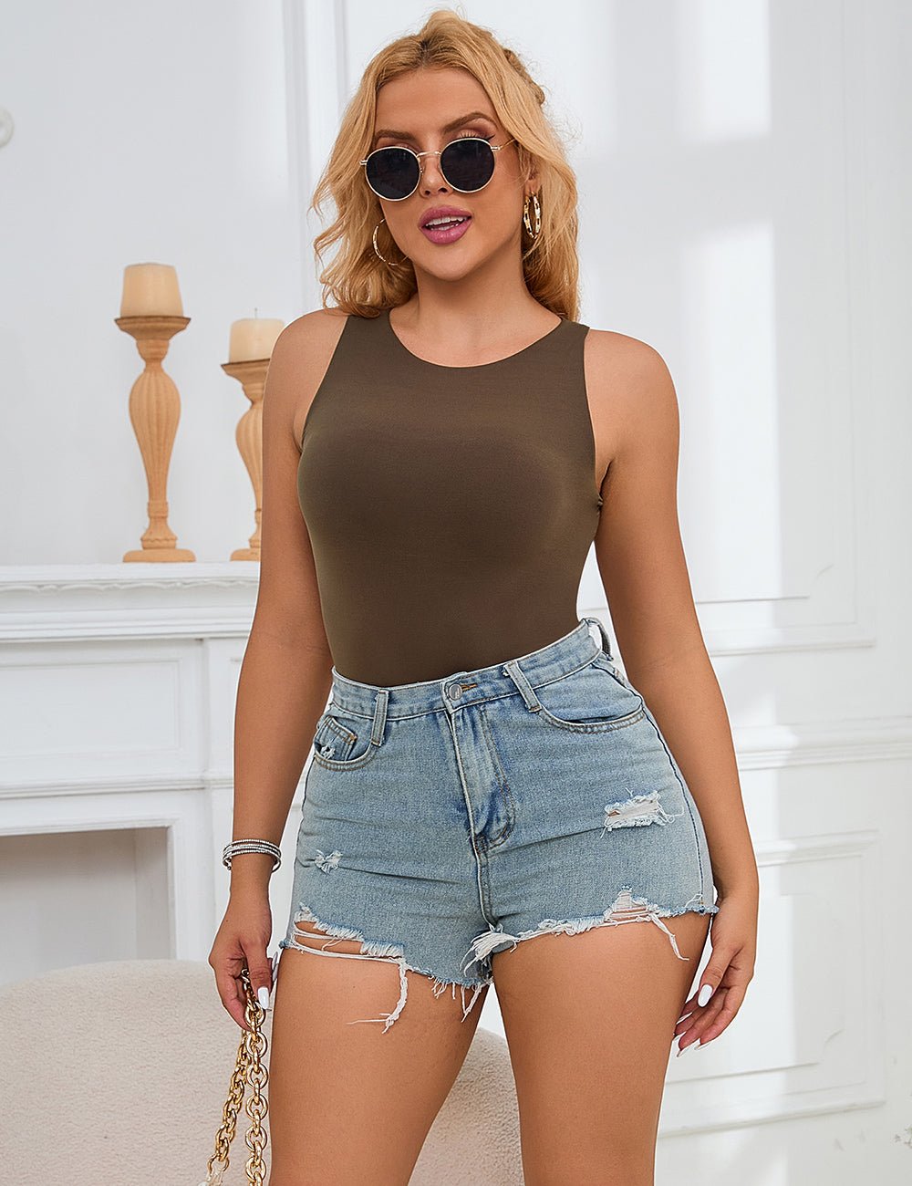 Brown Sleeveless Bodysuit – Brushed Nylon, Round Neck & Snap Crotch - TeaseFashion