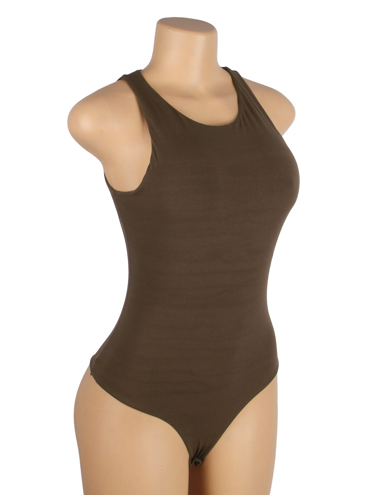 Brown Sleeveless Bodysuit – Brushed Nylon, Round Neck & Snap Crotch - TeaseFashion