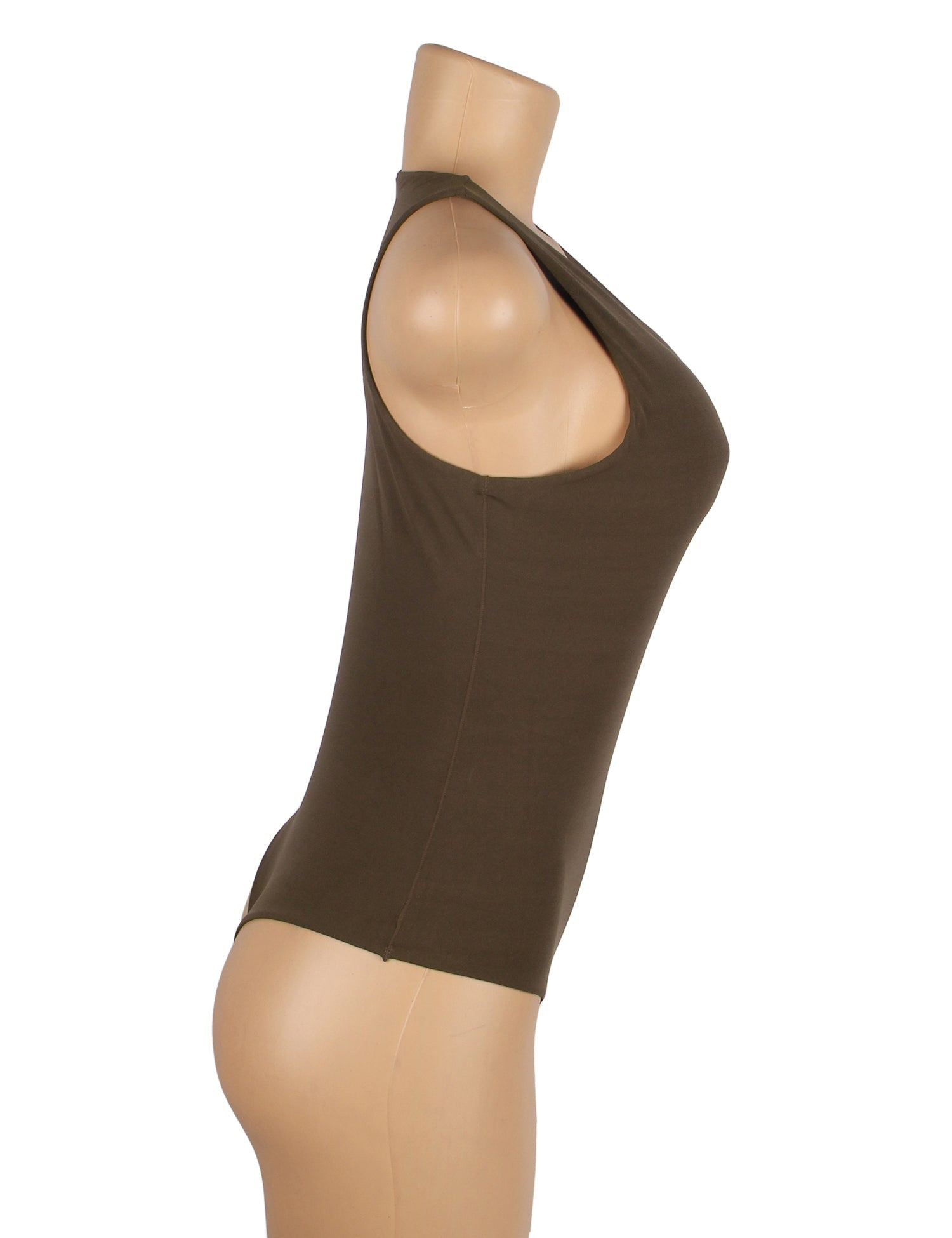 Brown Sleeveless Bodysuit – Brushed Nylon, Round Neck & Snap Crotch - TeaseFashion