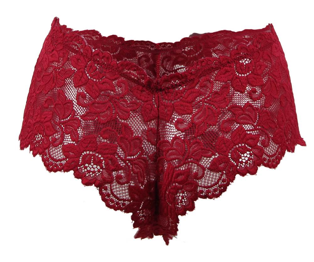 Burgundy 3D Floral Lace Panty with Cotton Gusset - TeaseFashion
