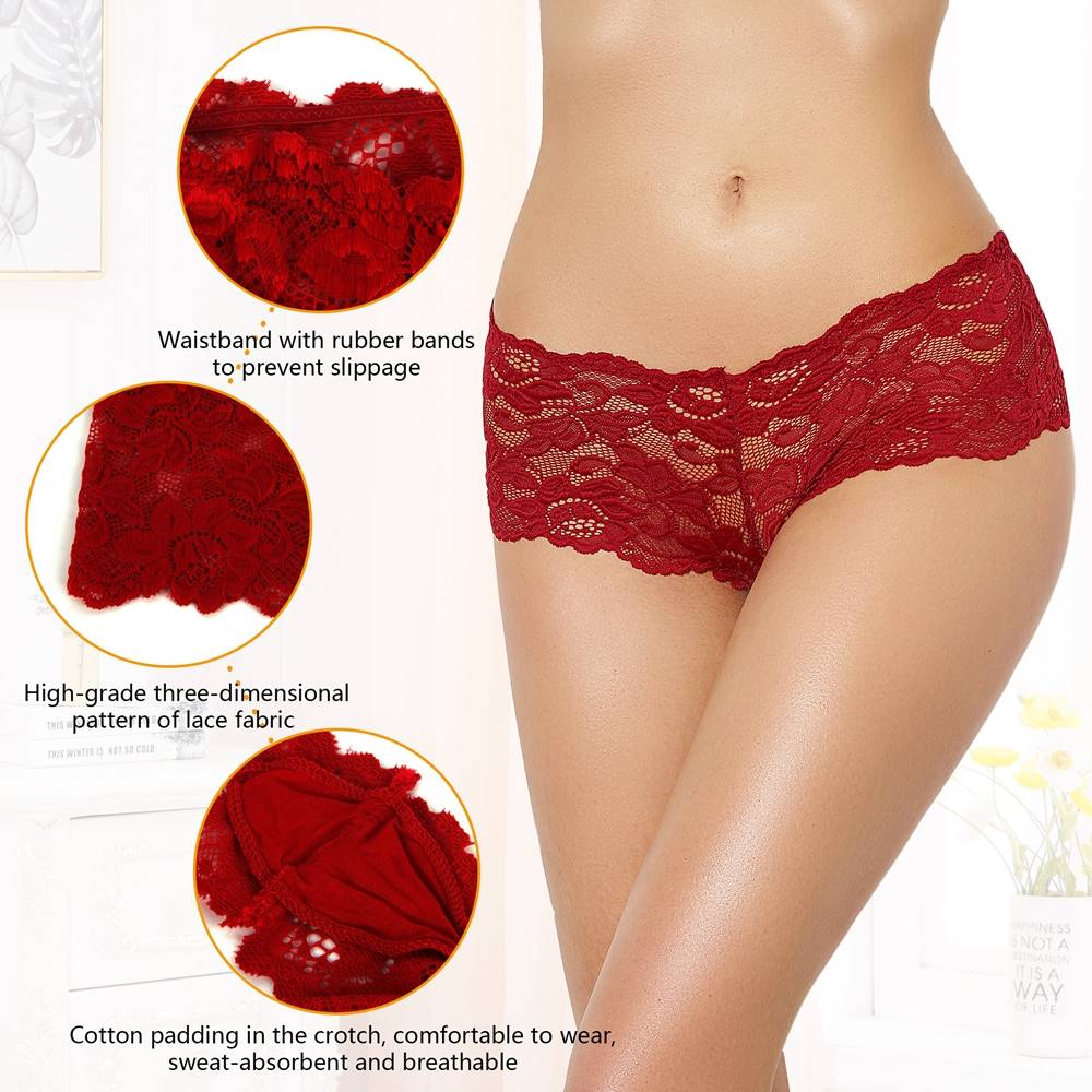 Burgundy 3D Floral Lace Panty with Cotton Gusset - TeaseFashion