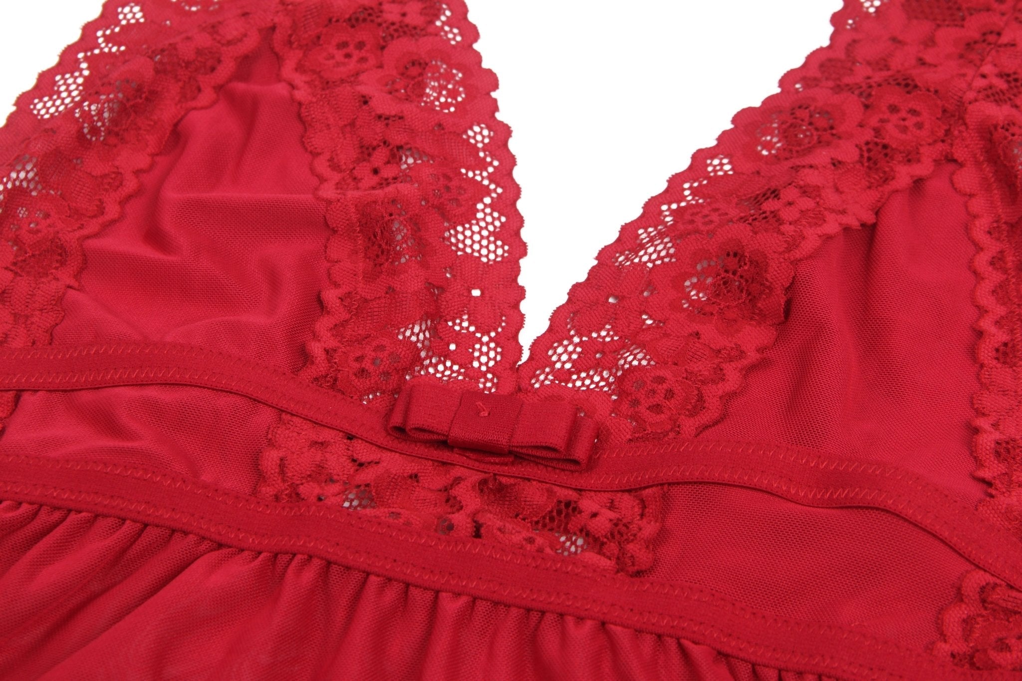 Burgundy Deep V - Neck Mesh Babydoll with Lace Trim, Open Back & Thong Set - TeaseFashion
