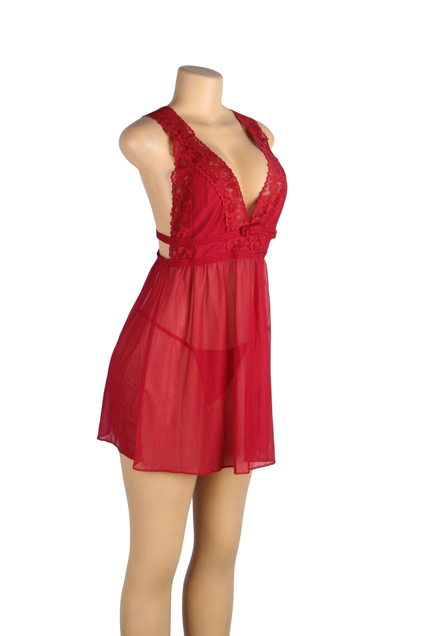 Burgundy Deep V - Neck Mesh Babydoll with Lace Trim, Open Back & Thong Set - TeaseFashion