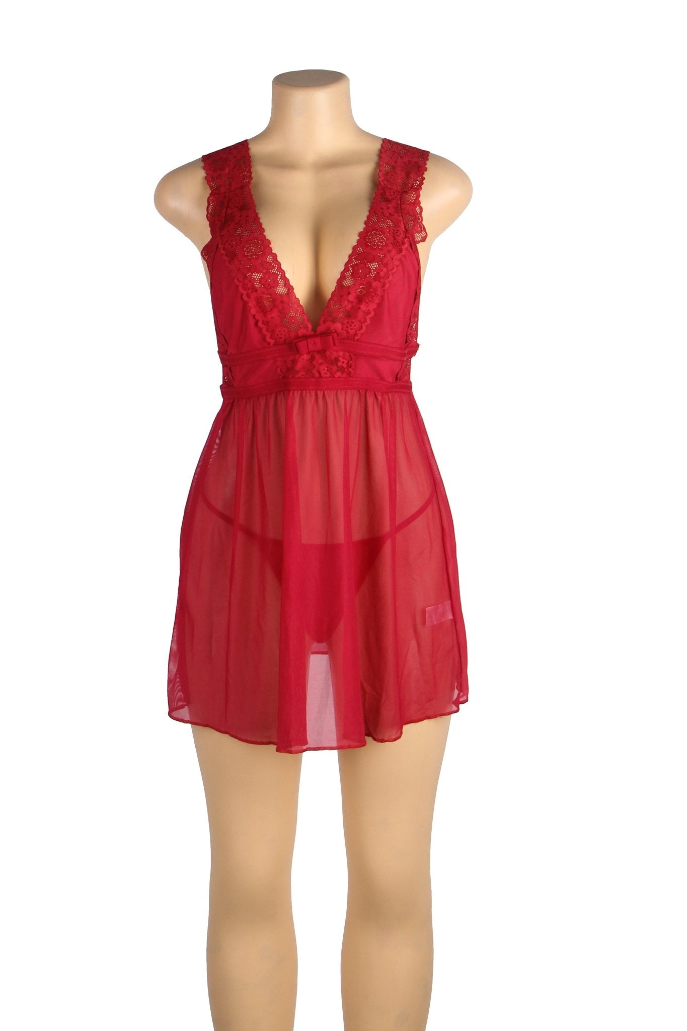 Burgundy Deep V - Neck Mesh Babydoll with Lace Trim, Open Back & Thong Set - TeaseFashion