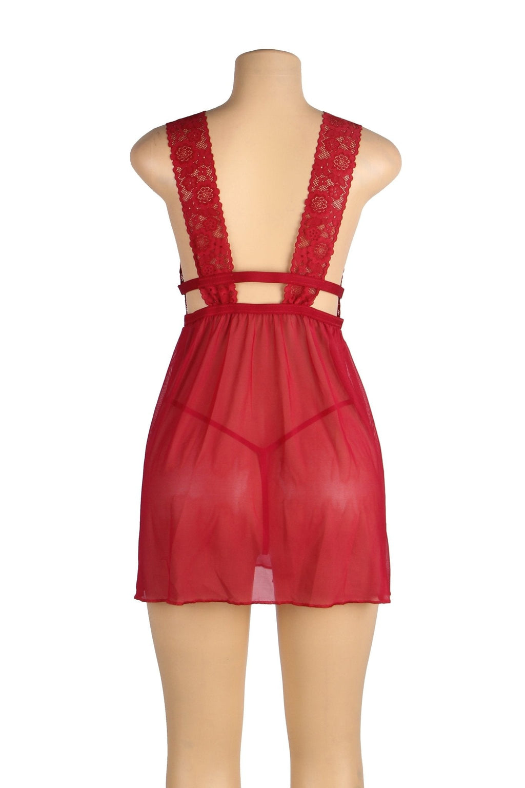 Burgundy Deep V - Neck Mesh Babydoll with Lace Trim, Open Back & Thong Set - TeaseFashion