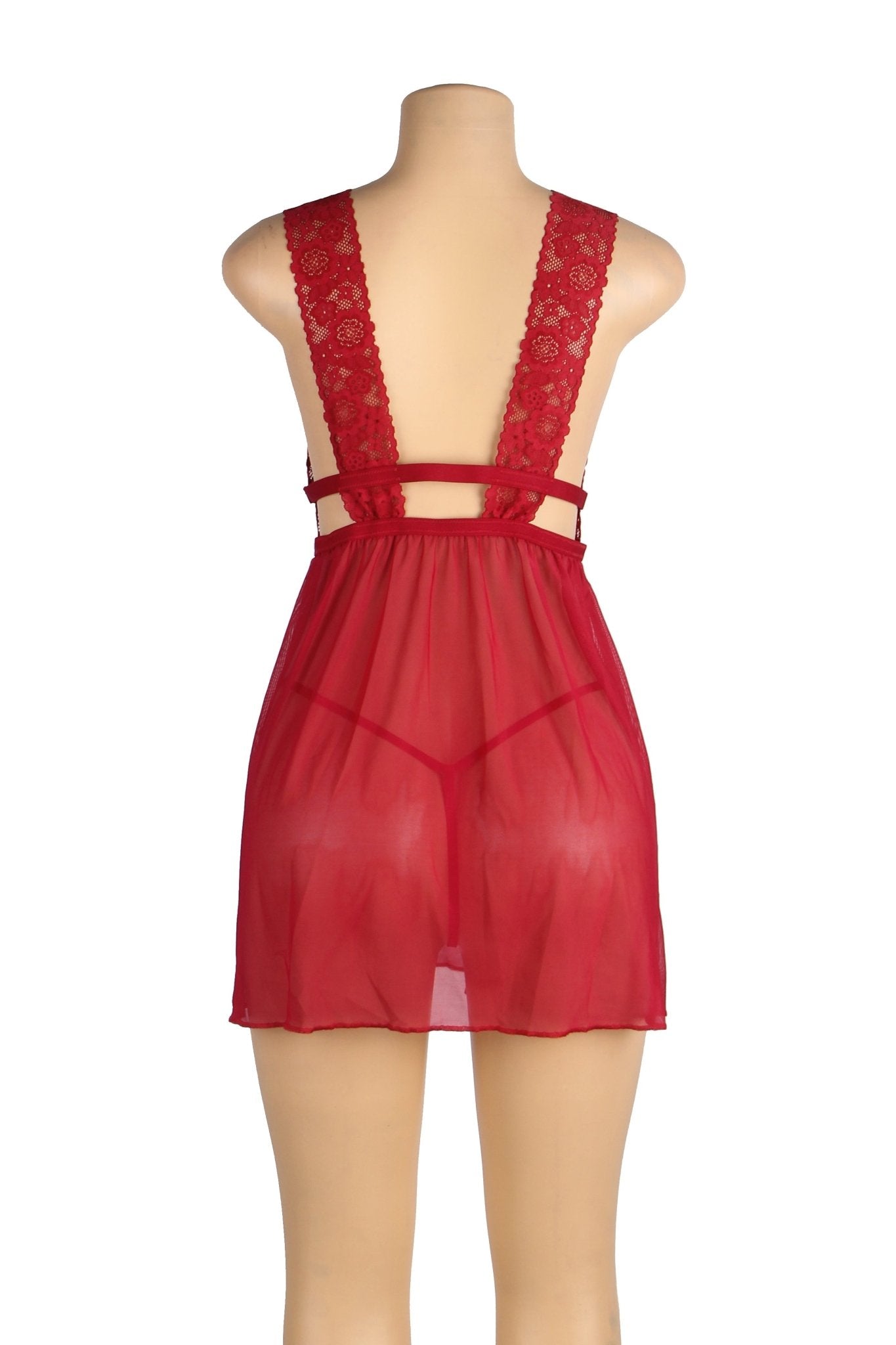 Burgundy Deep V - Neck Mesh Babydoll with Lace Trim, Open Back & Thong Set - TeaseFashion