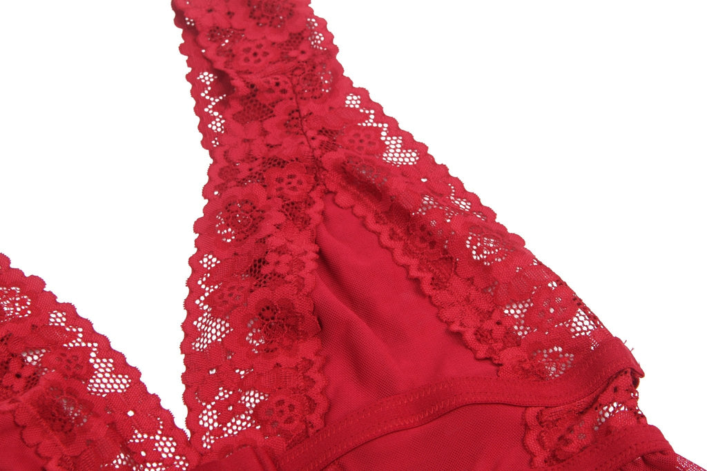Burgundy Deep V - Neck Mesh Babydoll with Lace Trim, Open Back & Thong Set - TeaseFashion
