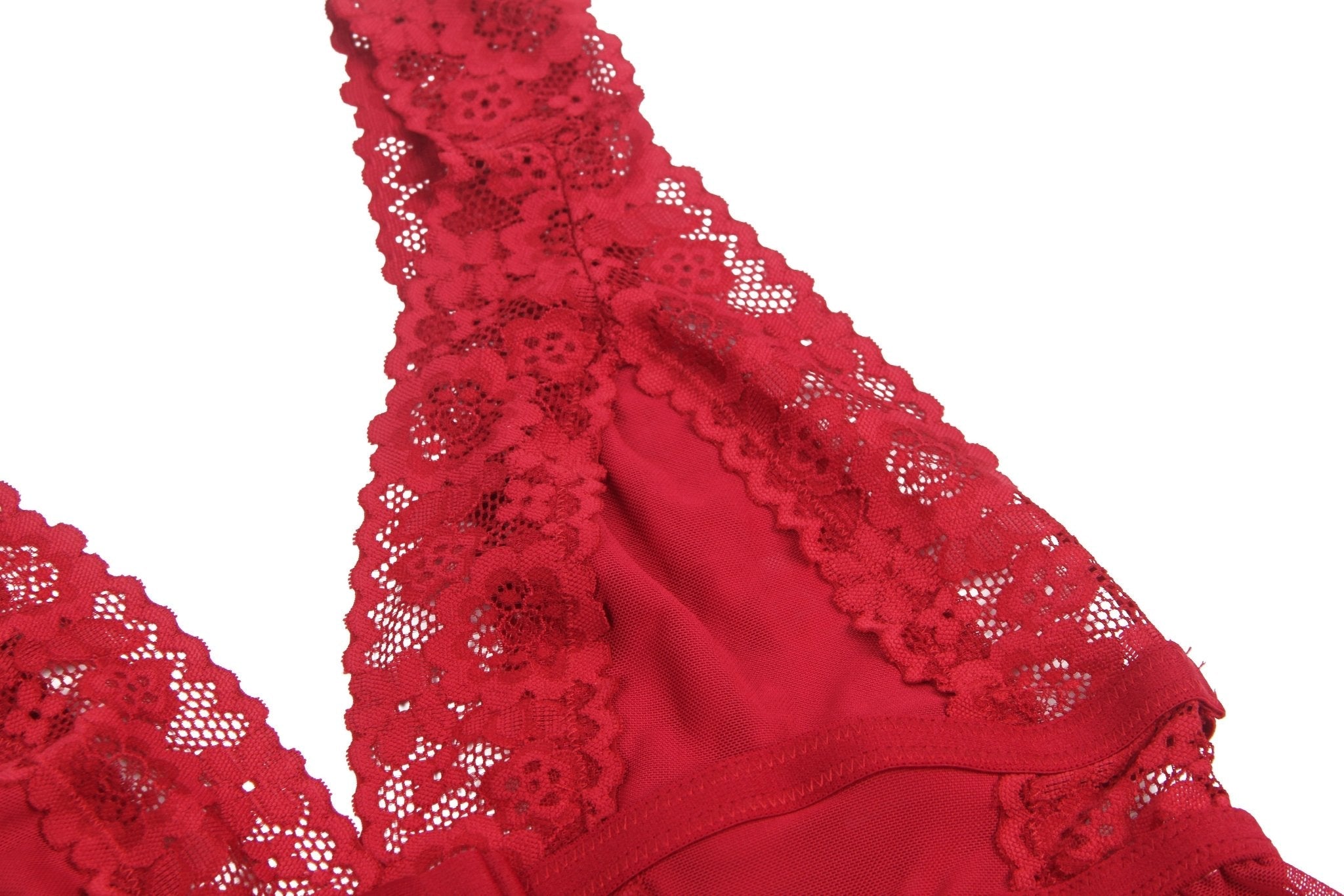 Burgundy Deep V - Neck Mesh Babydoll with Lace Trim, Open Back & Thong Set - TeaseFashion