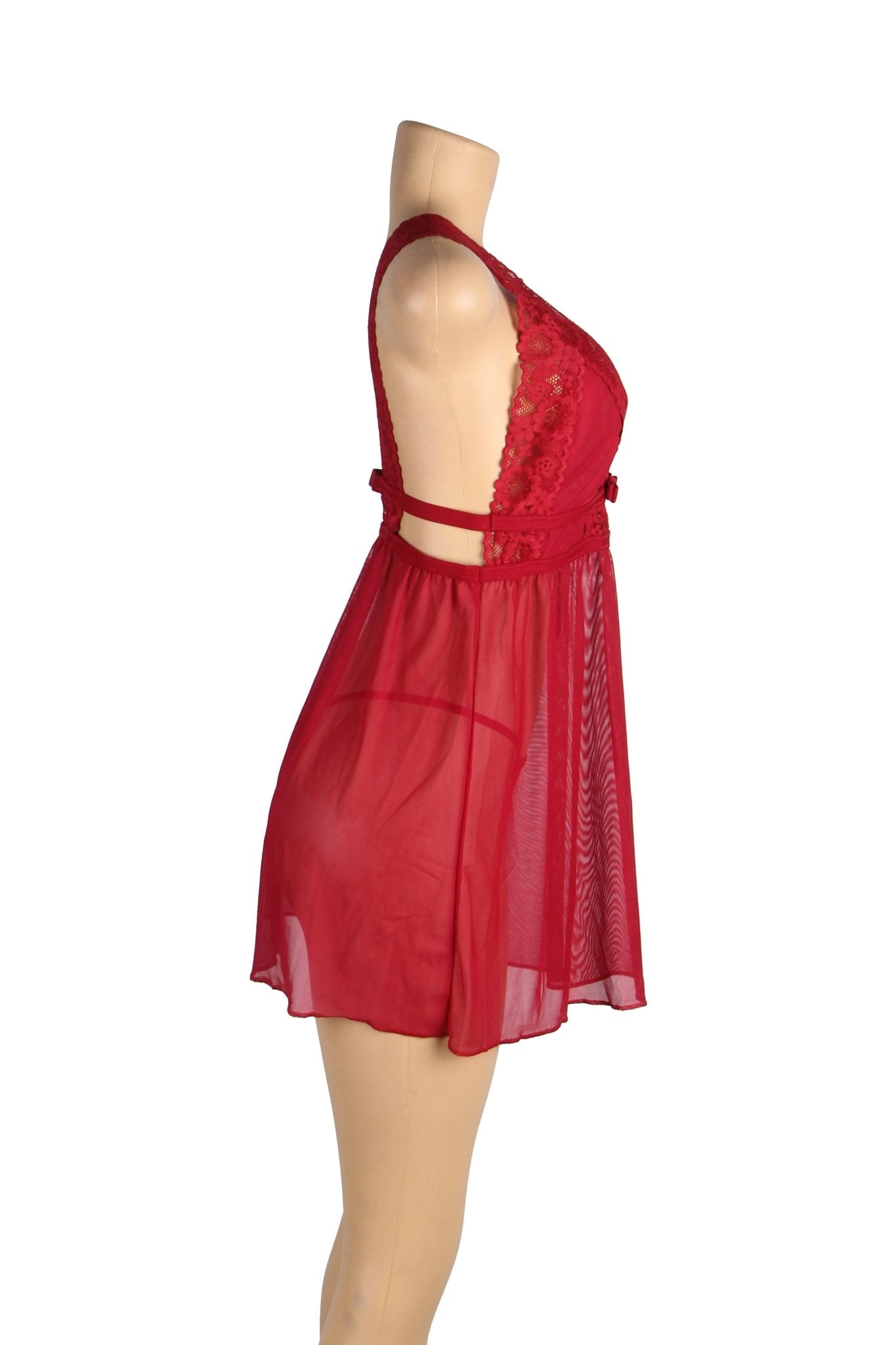 Burgundy Deep V - Neck Mesh Babydoll with Lace Trim, Open Back & Thong Set - TeaseFashion