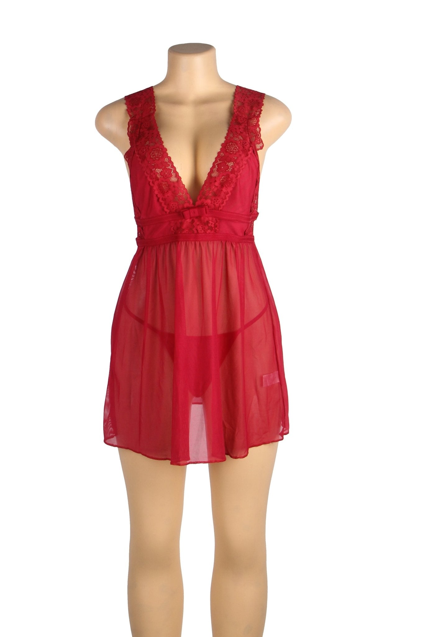 Burgundy Deep V - neck Mesh Sexy Babydoll - TeaseFashion