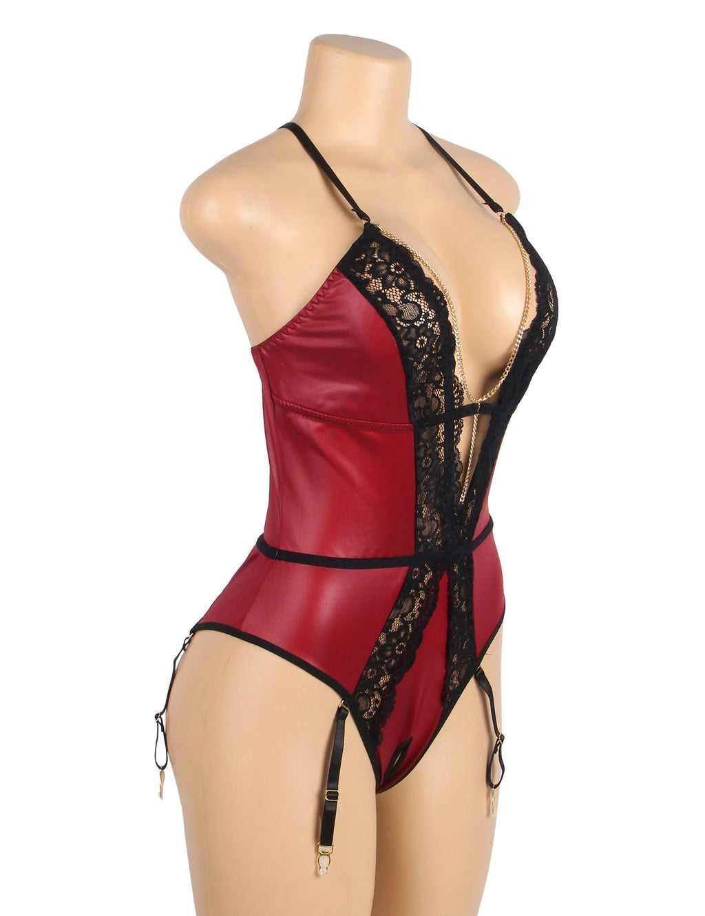 Burgundy Faux Leather Deep V Neck Halter Sexy Teddy - TeaseFashion