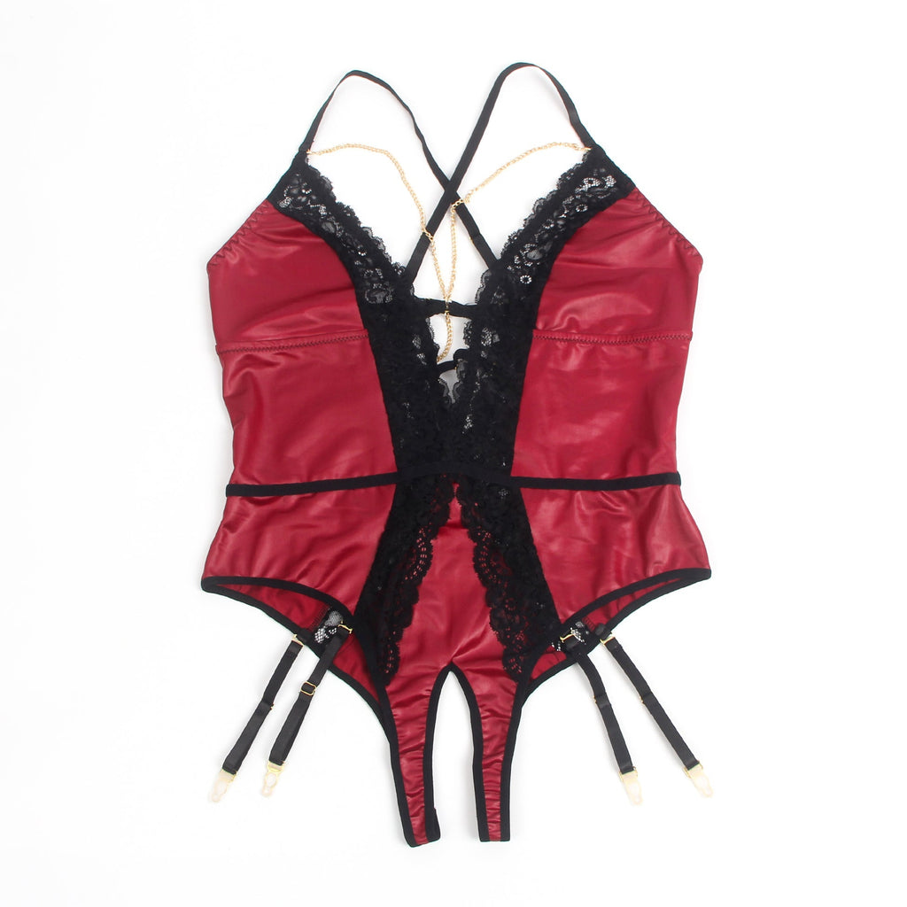 Burgundy Faux Leather Deep V Teddy with Chain & Garter - TeaseFashion