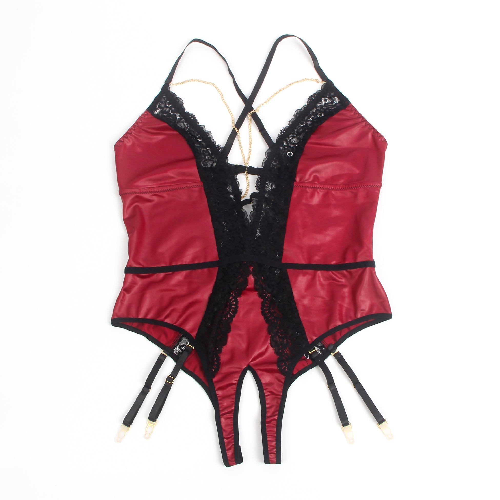 Burgundy Faux Leather Deep V Teddy with Chain & Garter - TeaseFashion