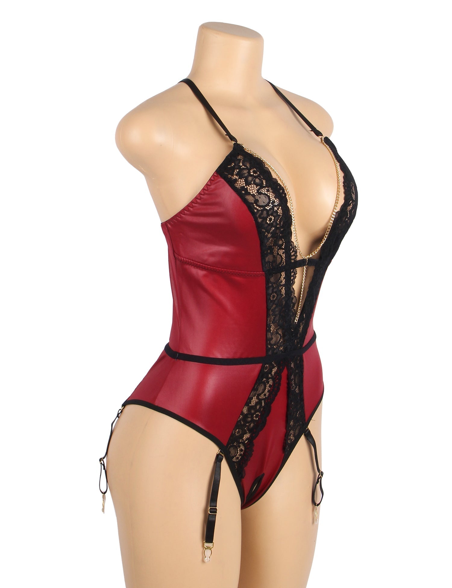 Burgundy Faux Leather Deep V Teddy with Chain & Garter - TeaseFashion