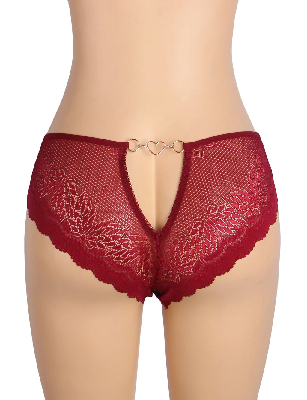 Burgundy Lace Panty – Hollow - Out Back & Heart - Shaped Metal Buckle - TeaseFashion