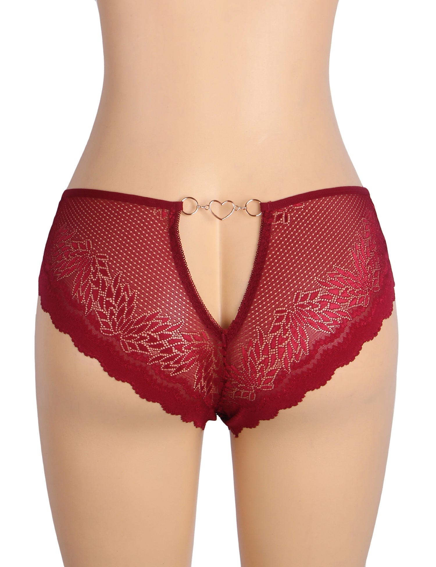 Burgundy Lace Panty – Hollow - Out Back & Heart - Shaped Metal Buckle - TeaseFashion
