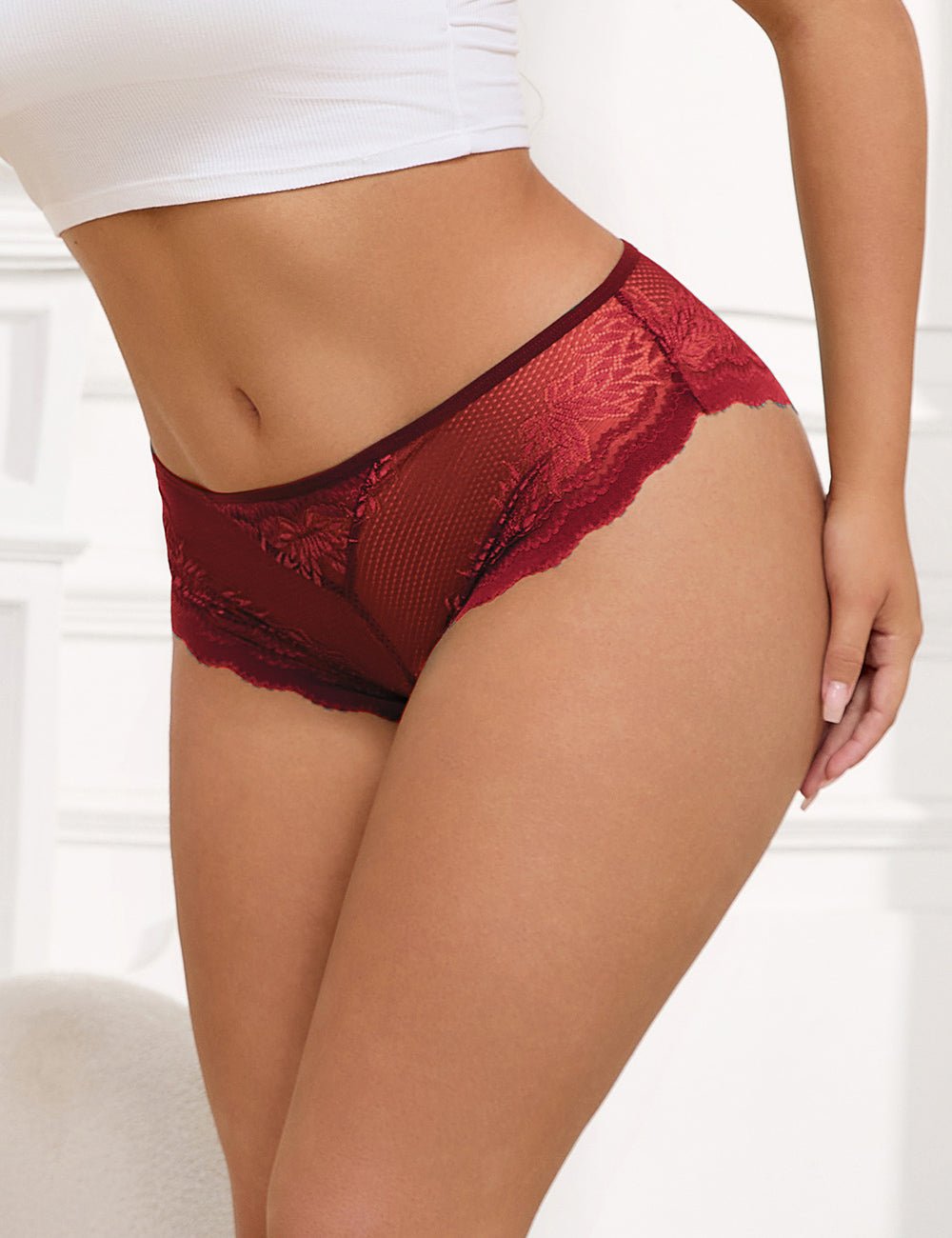 Burgundy Lace Panty – Hollow - Out Back & Heart - Shaped Metal Buckle - TeaseFashion