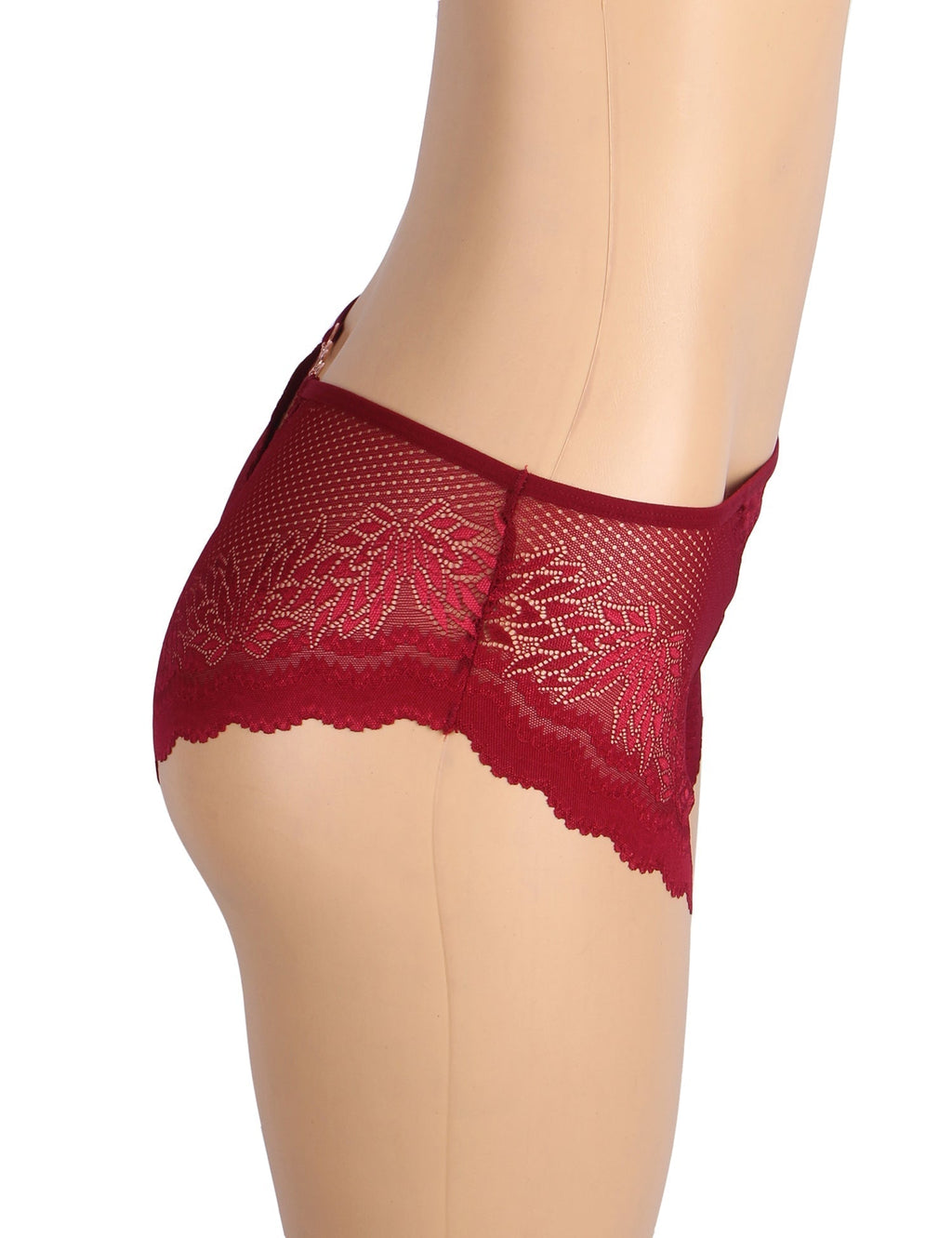 Burgundy Lace Panty – Hollow - Out Back & Heart - Shaped Metal Buckle - TeaseFashion
