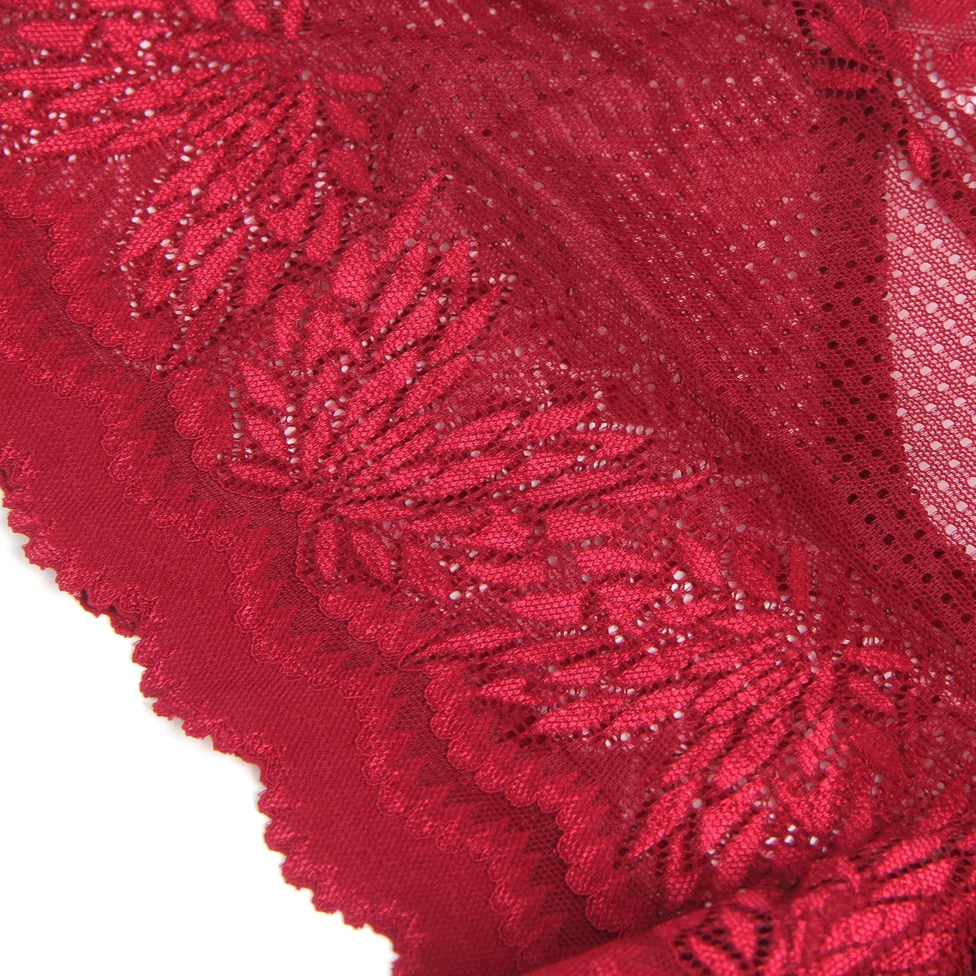 Burgundy Lace Panty – Hollow - Out Back & Heart - Shaped Metal Buckle - TeaseFashion