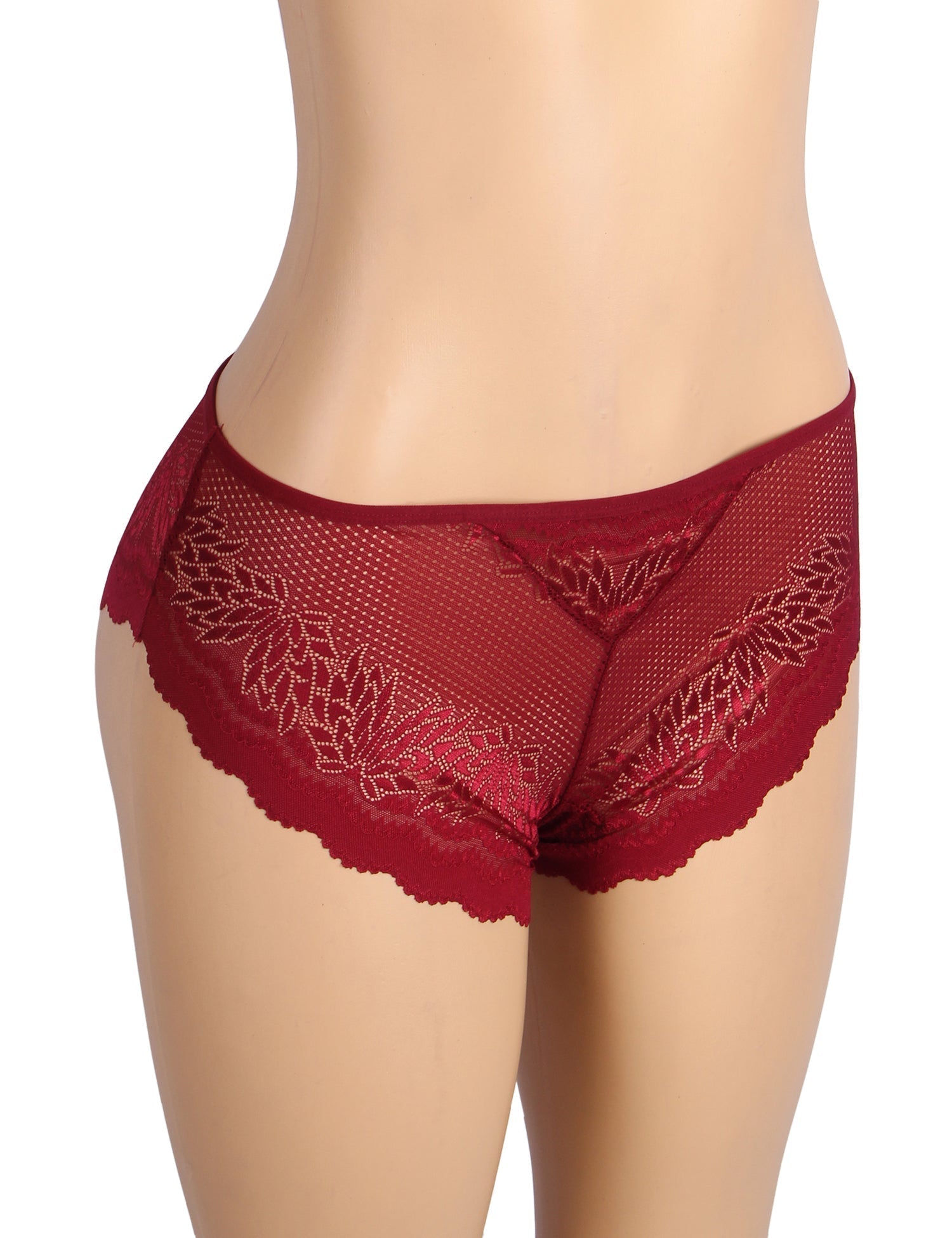 Burgundy Lace Panty – Hollow - Out Back & Heart - Shaped Metal Buckle - TeaseFashion