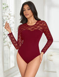 Burgundy Long Sleeve Bodysuit – Lace Mesh on Chest, Sleeves & Back - TeaseFashion