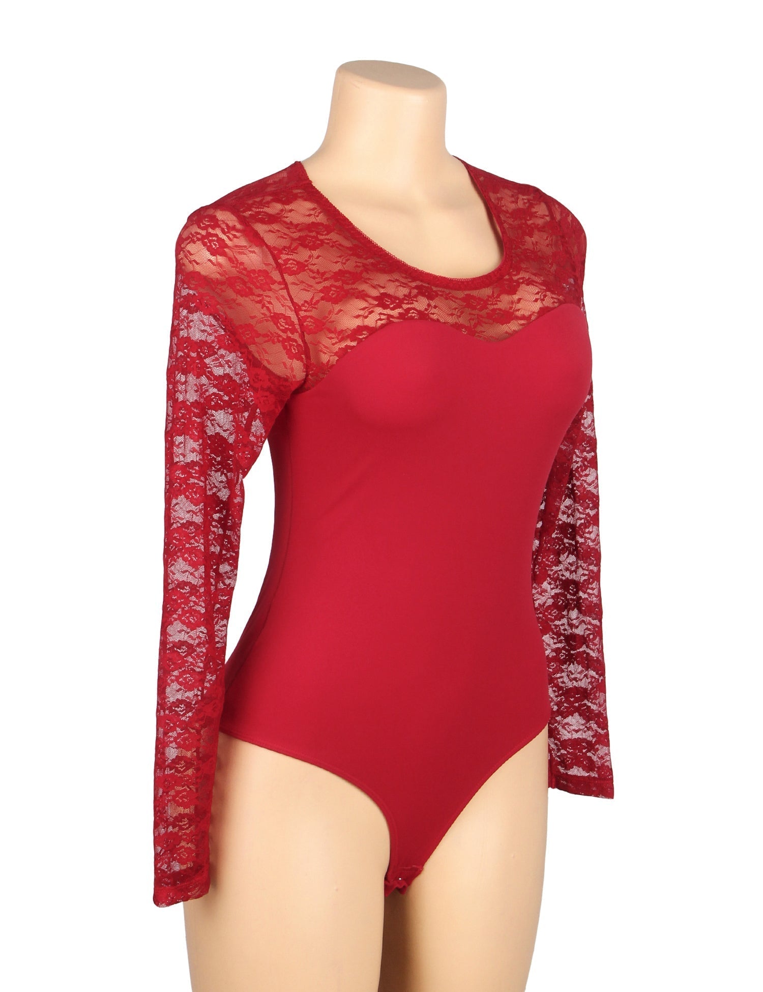 Burgundy Long Sleeve Bodysuit – Lace Mesh on Chest, Sleeves & Back - TeaseFashion